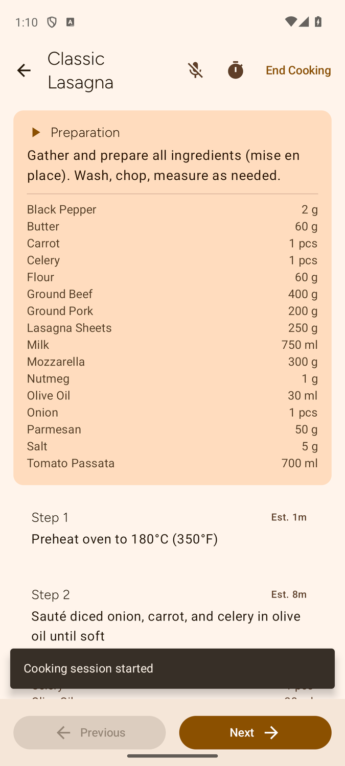 Cooking step screen